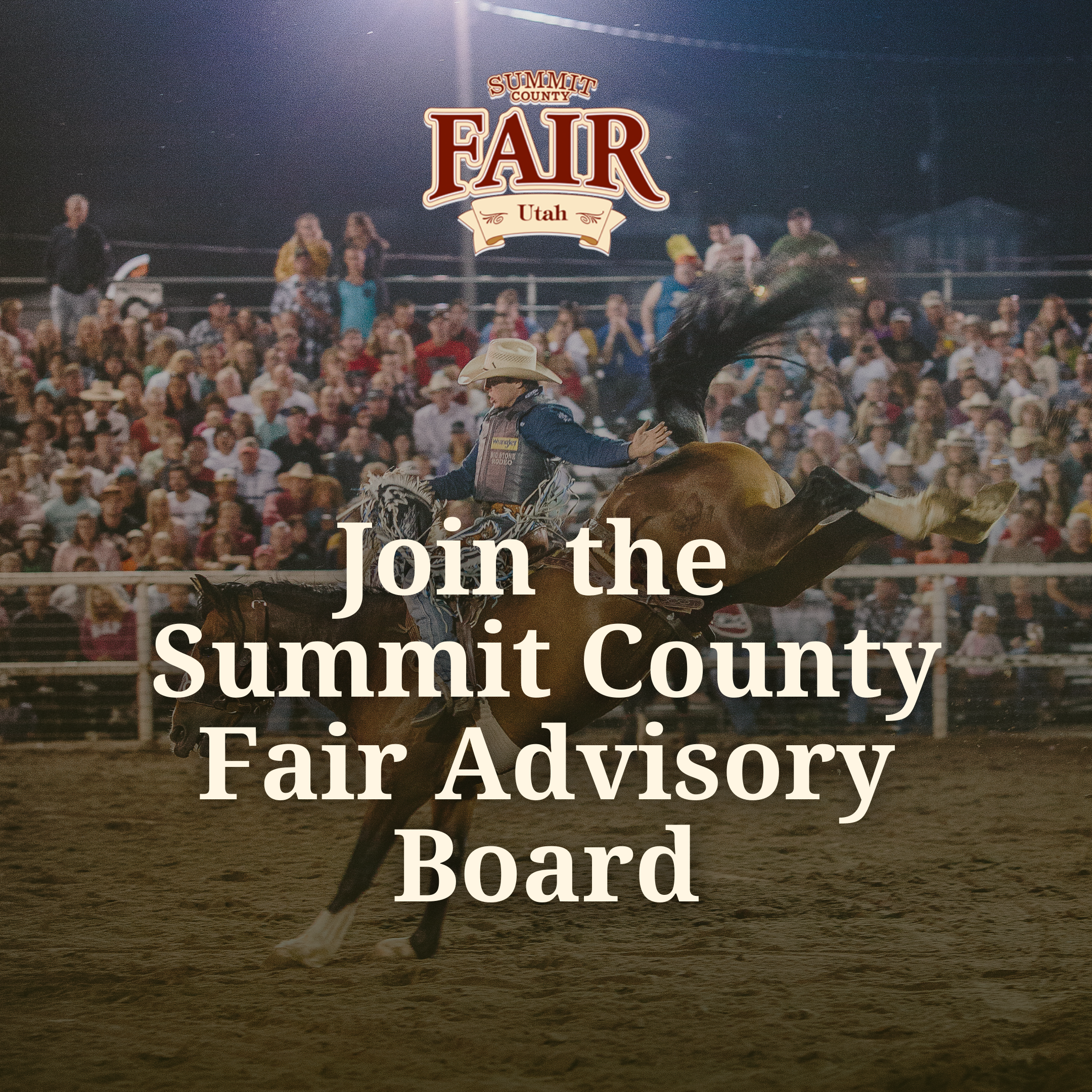 An image of a bull rider at the Summit County Fair with text advertising a board opening.